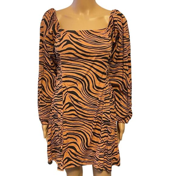Billabong Dress Animal Print Mini Balloon Sleeve Smocked Women SzL Preppy Grunge - Picture 1 of 10